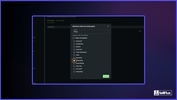 Configurando motivos de venda no CRM